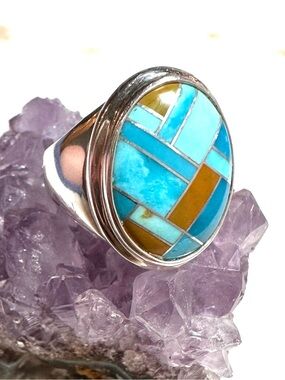 Carolyn Pollack Geometric Blue Turquoise & Jasper Inlay Sterling Silver Ring